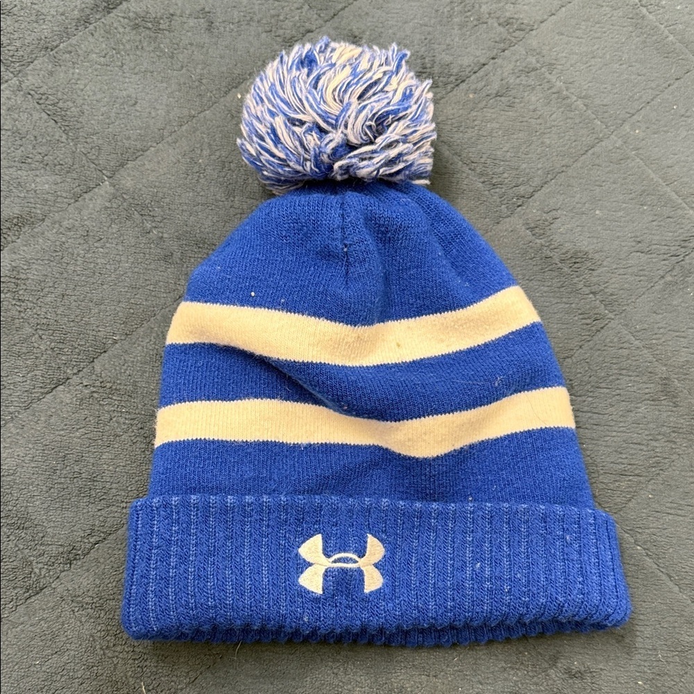 Under Armour Blue and Tan Kids Pom-Pom Beanie - Picture 2 of 7